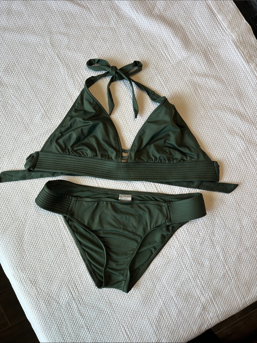 Kona Sol Olive Green Halter Bikini Set Ribbed Band TOP XL / BOTTOM M